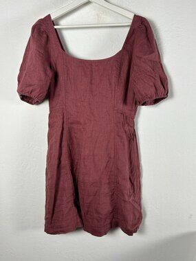 Madewell Womens Maisie Mini Dress Size 8 Maroon 100% Linen Short Puff Sleeve